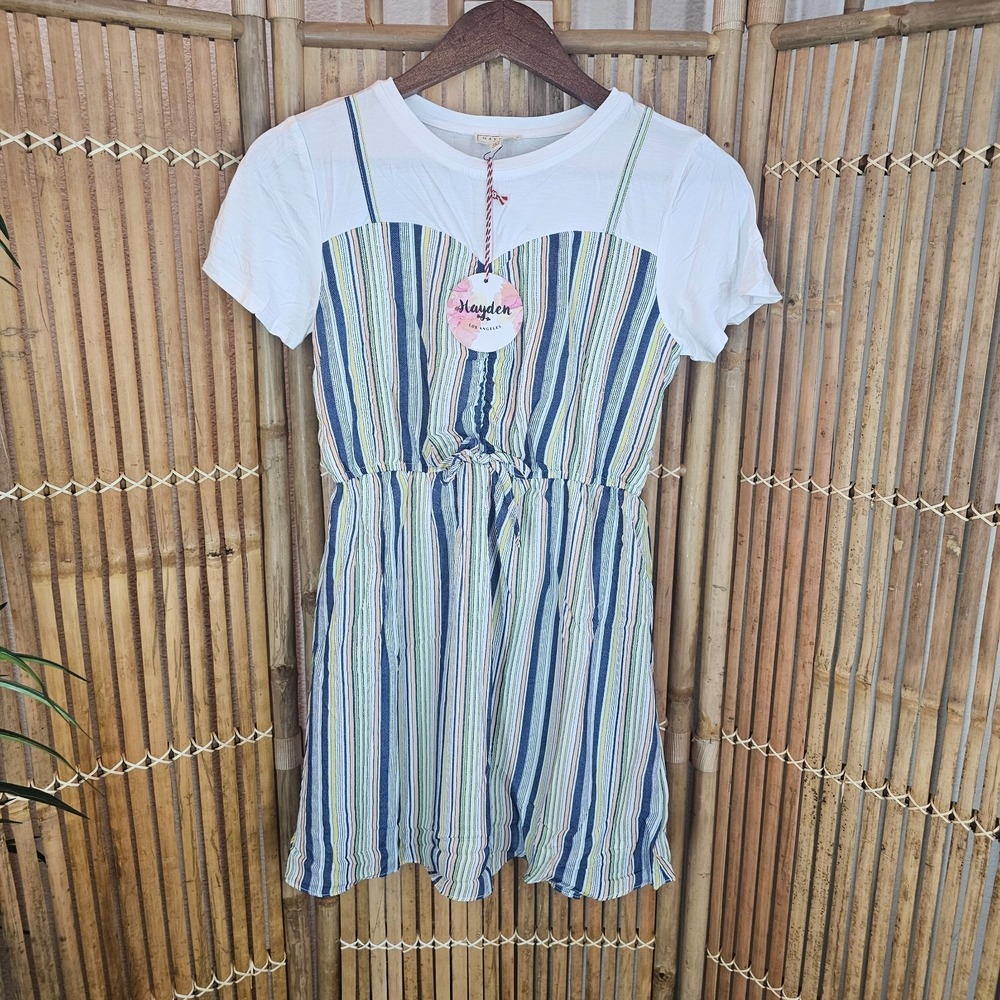 Hayden Girls White Tee Dress 13/14 Short Sleeve Green Blue Stripes Lined New